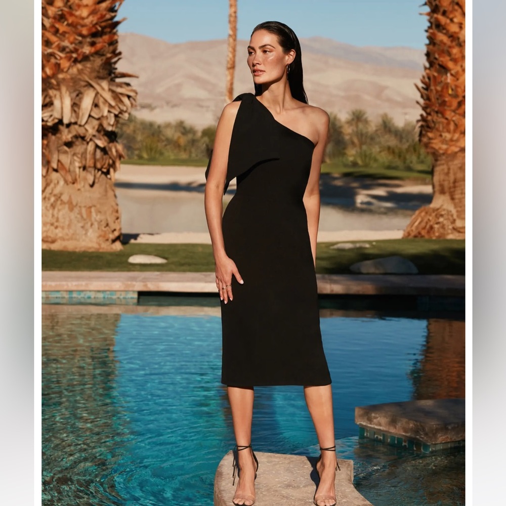 Dress the Population Midi Dress Tiffany Black One Shoulder Bow Large NWT